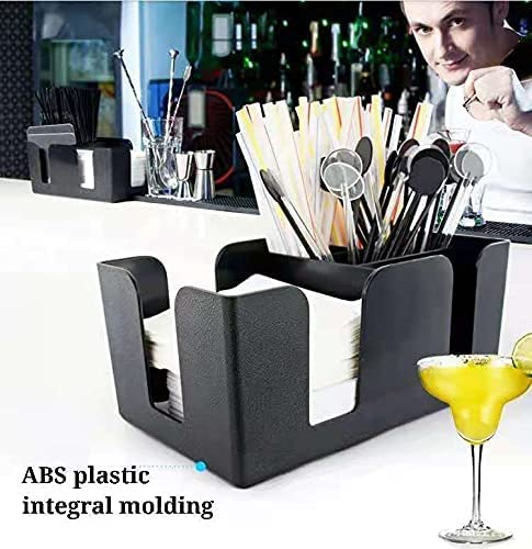 ABS plastic bar caddy with napkins and bar tools, bartender in background, text highlighting integral molding construction