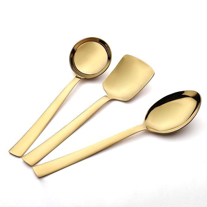Alexa gold-plated serving spoon set with gravy ladle, rice server, and large serving spoon on white background