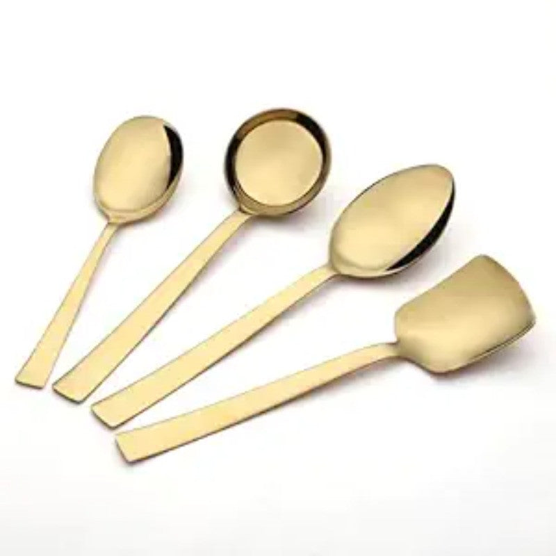 Alexa gold-plated 4-piece serving spoon set displayed at an angle on white background showing mirror finish