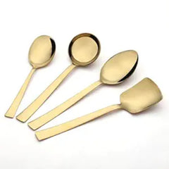 Alexa gold-plated 4-piece serving spoon set displayed at an angle on white background showing mirror finish