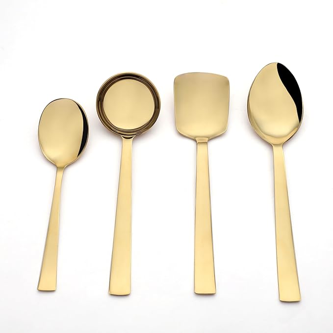 Alexa gold mirror finish serving spoon set with 4 pieces including small spoon, gravy ladle, rice server, and large serving spoon