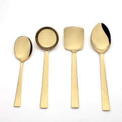 Alexa gold mirror finish serving spoon set with 4 pieces including small spoon, gravy ladle, rice server, and large serving spoon