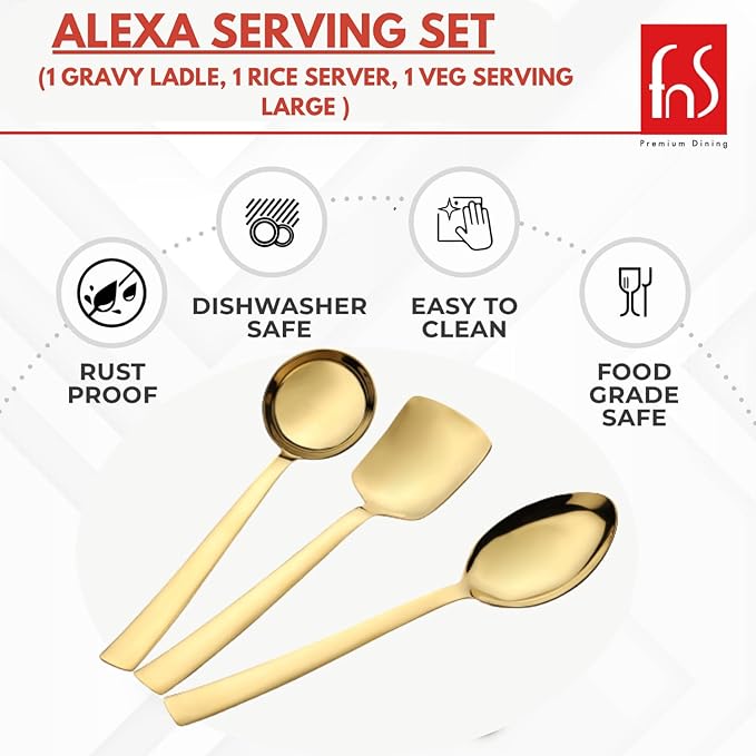 Alexa serving set infographic highlighting rust-proof, dishwasher safe, easy to clean, and food grade safe features