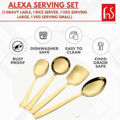 Alexa serving set 4-piece infographic showing rust-proof, dishwasher safe, easy to clean, and food grade safe features