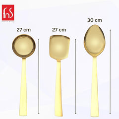 Alexa gold serving utensils size chart showing gravy ladle at 27cm, rice server at 27cm, and serving spoon at 30cm