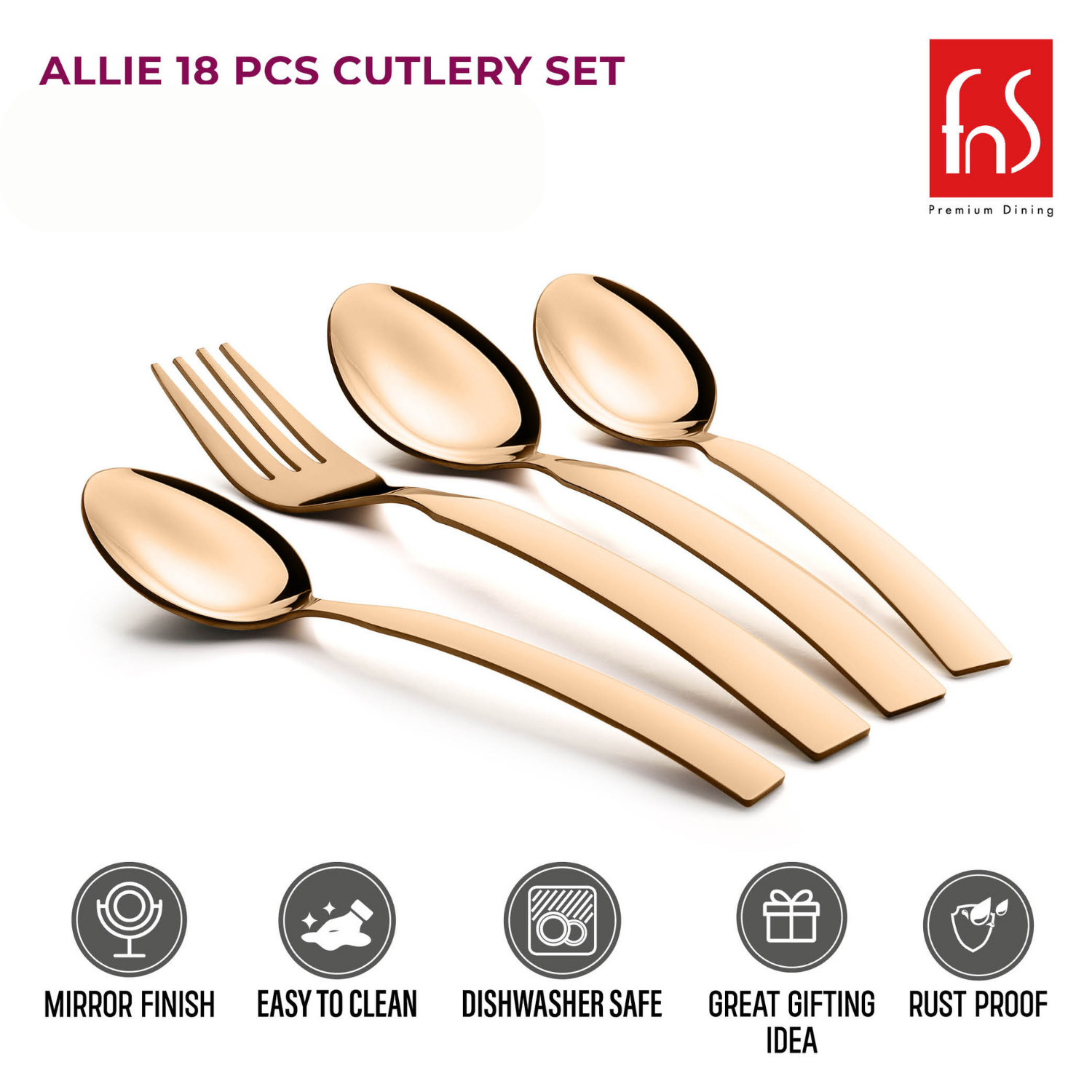Gold-toned cutlery set with mirror finish, dishwasher safe, rust proof, and ideal for gifting.