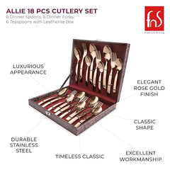 Rose gold cutlery set in leatherette box featuring forks, spoons, classic design, and premium finish.
