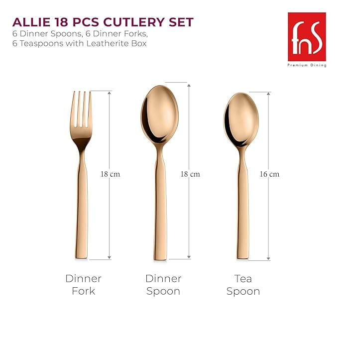 Rose gold dinner fork, spoon, and teaspoon displayed vertically with labeled heights of 18cm and 16cm.