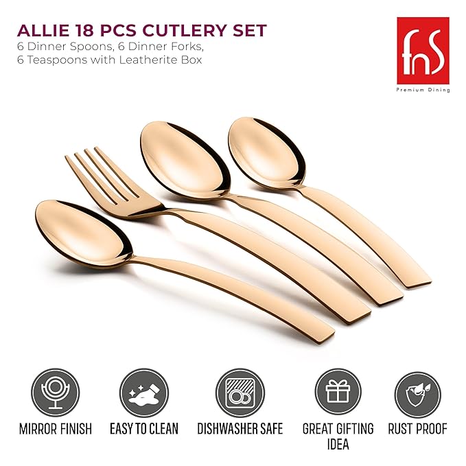 Elegant rose gold flatware set with mirror finish; rustproof, easy to clean, and dishwasher safe.