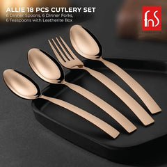 Rose gold flatware set including fork and spoons displayed on black plate with product description overlay.