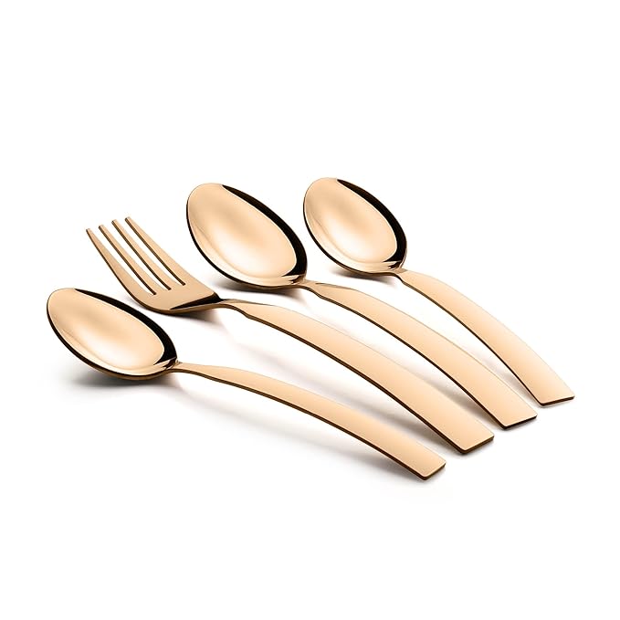 Minimalist rose gold cutlery set—three spoons and one fork—arranged diagonally on white background.
