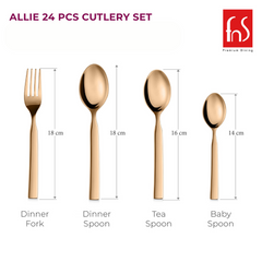Gold-colored dinner fork, dinner spoon, tea spoon, and baby spoon displayed with size measurements.