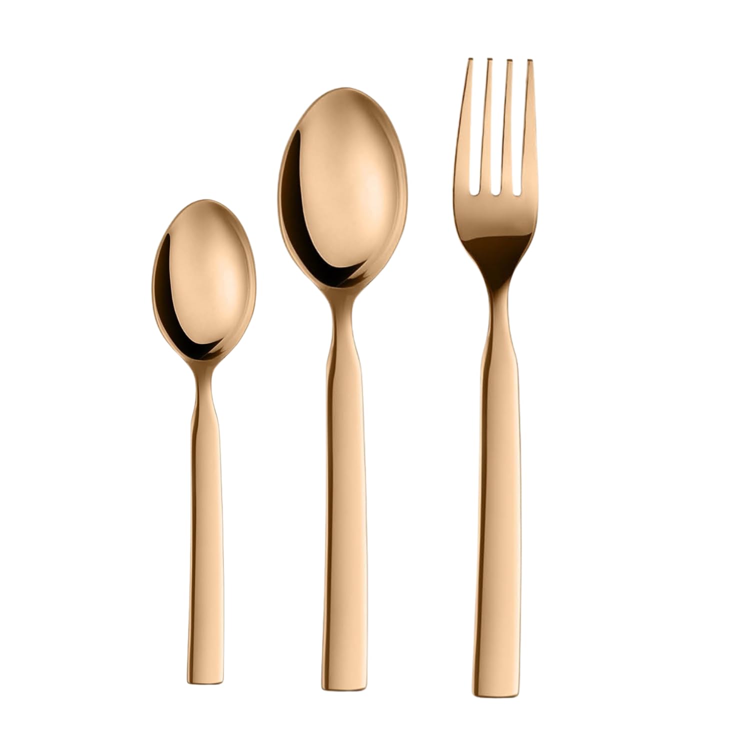 Three-piece rose gold cutlery set—teaspoon, tablespoon, fork—displayed vertically on white background.