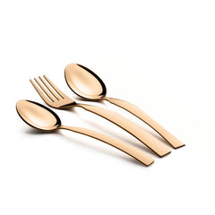 Sleek rose gold fork and spoons arranged diagonally on a clean white background.