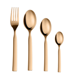 Four-piece rose gold cutlery set upright—fork, tablespoon, dessert spoon, and teaspoon—on white background.