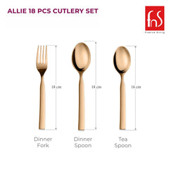 Allie 18-piece gold cutlery set by FNS, showing dinner fork (18 cm), dinner spoon (18 cm), and tea spoon (16 cm) with premium metallic finish.