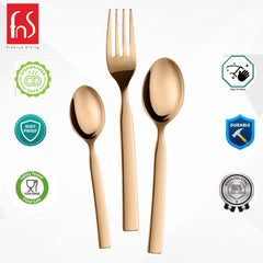 Rose gold cutlery set with icons for dishwasher safety, rust-proof, food safe, and durability.