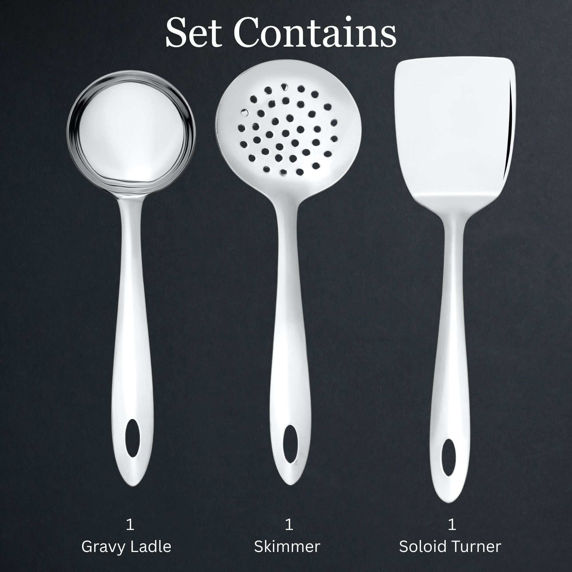Amazon set contents showing 1 gravy ladle, 1 skimmer, and 1 solid turner on dark background