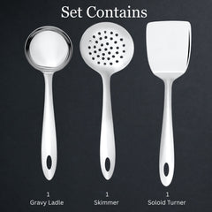 Amazon set contents showing 1 gravy ladle, 1 skimmer, and 1 solid turner on dark background