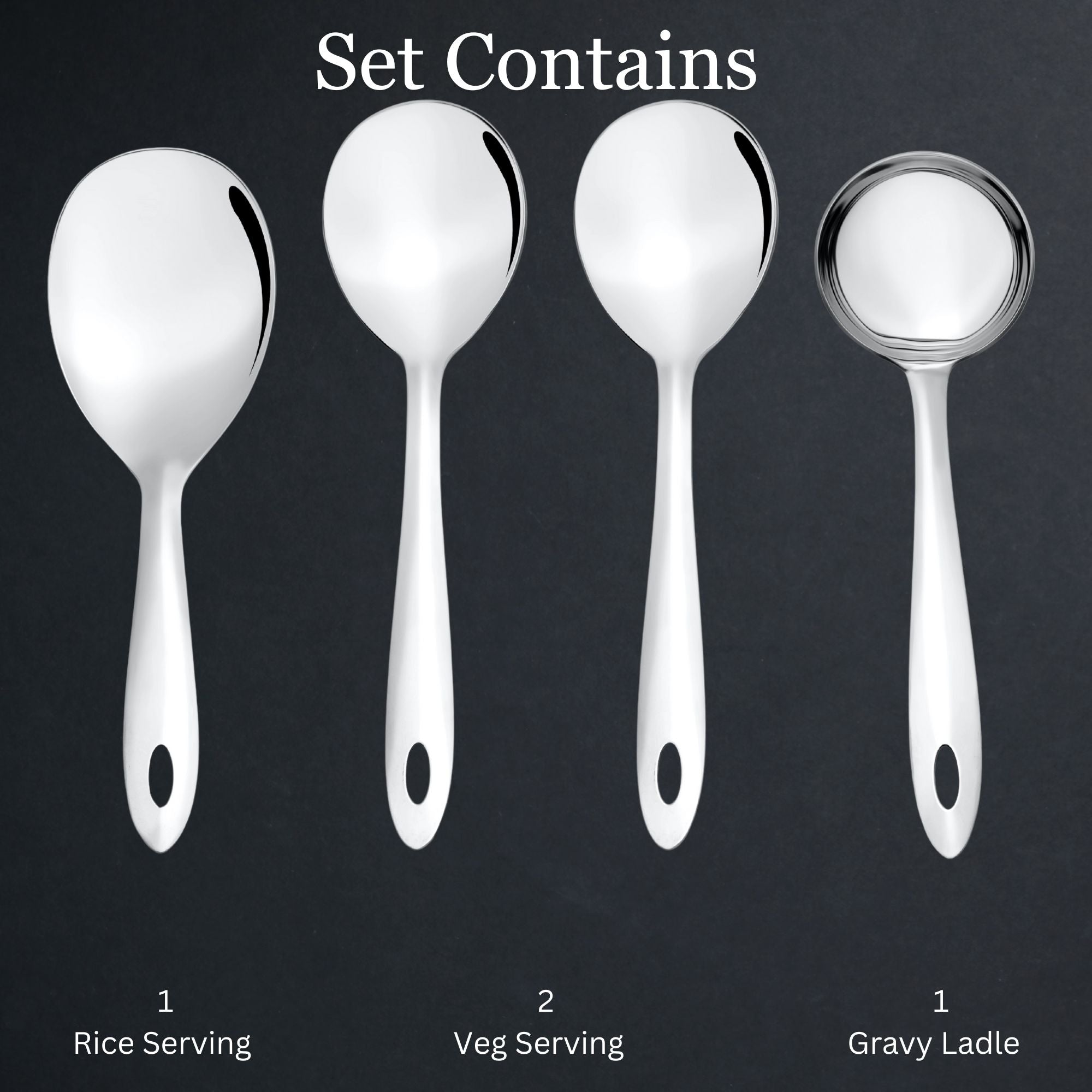 Amazon 4-piece serving set contents infographic showing one rice serving spoon, two vegetable serving spoons, and one gravy ladle on dark background.