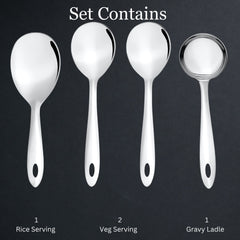 Amazon 4-piece serving set contents infographic showing one rice serving spoon, two vegetable serving spoons, and one gravy ladle on dark background.