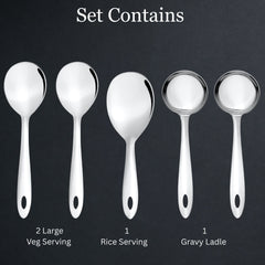 Amazon 5-piece serving set contents infographic showing two large vegetable serving spoons, one rice spoon, and two gravy ladles on dark background.