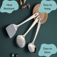 Amazon serving set benefits showcasing heat resistant, easy to hang, and easy to store features with 3-piece collection