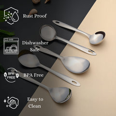 Amazon 5-piece serving spoons featuring rust-proof stainless steel construction, dishwasher safe convenience, BPA-free material, and easy-to-clean properties for daily kitchen use.