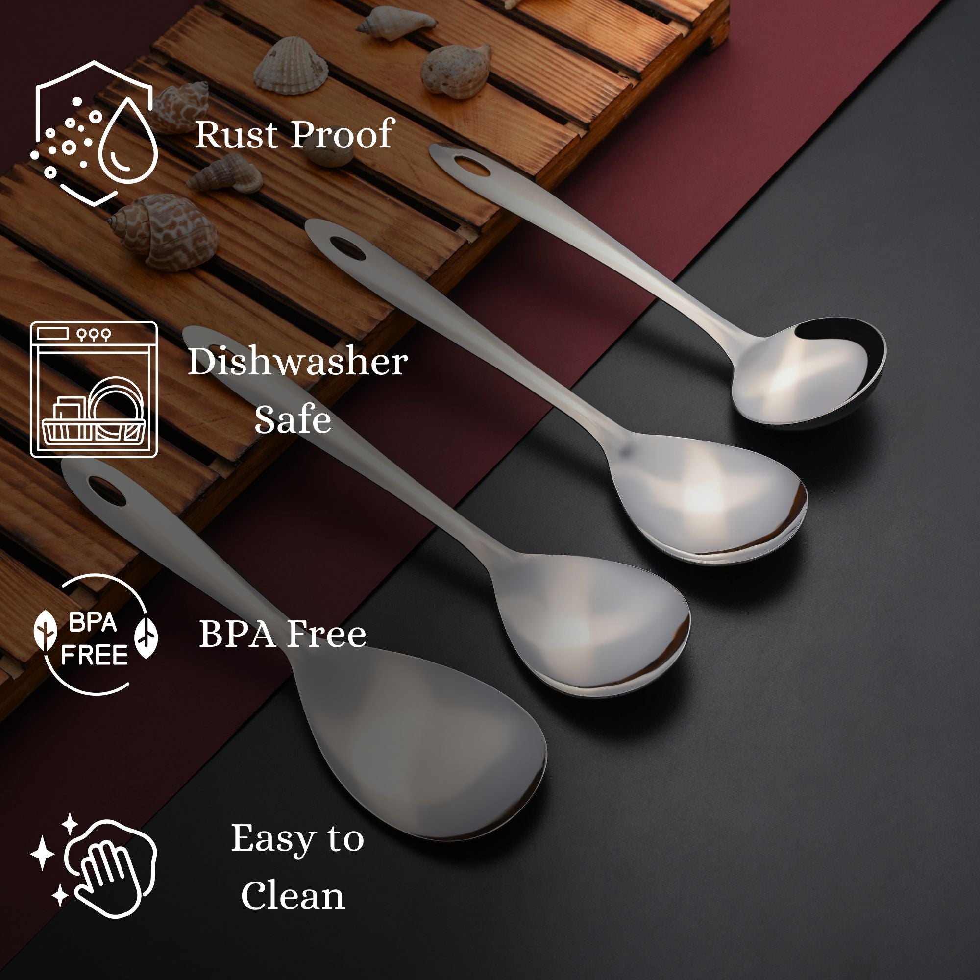Amazon serving spoons featuring rust-proof stainless steel construction, dishwasher safe convenience, BPA-free material, and easy-to-clean properties for everyday kitchen use.