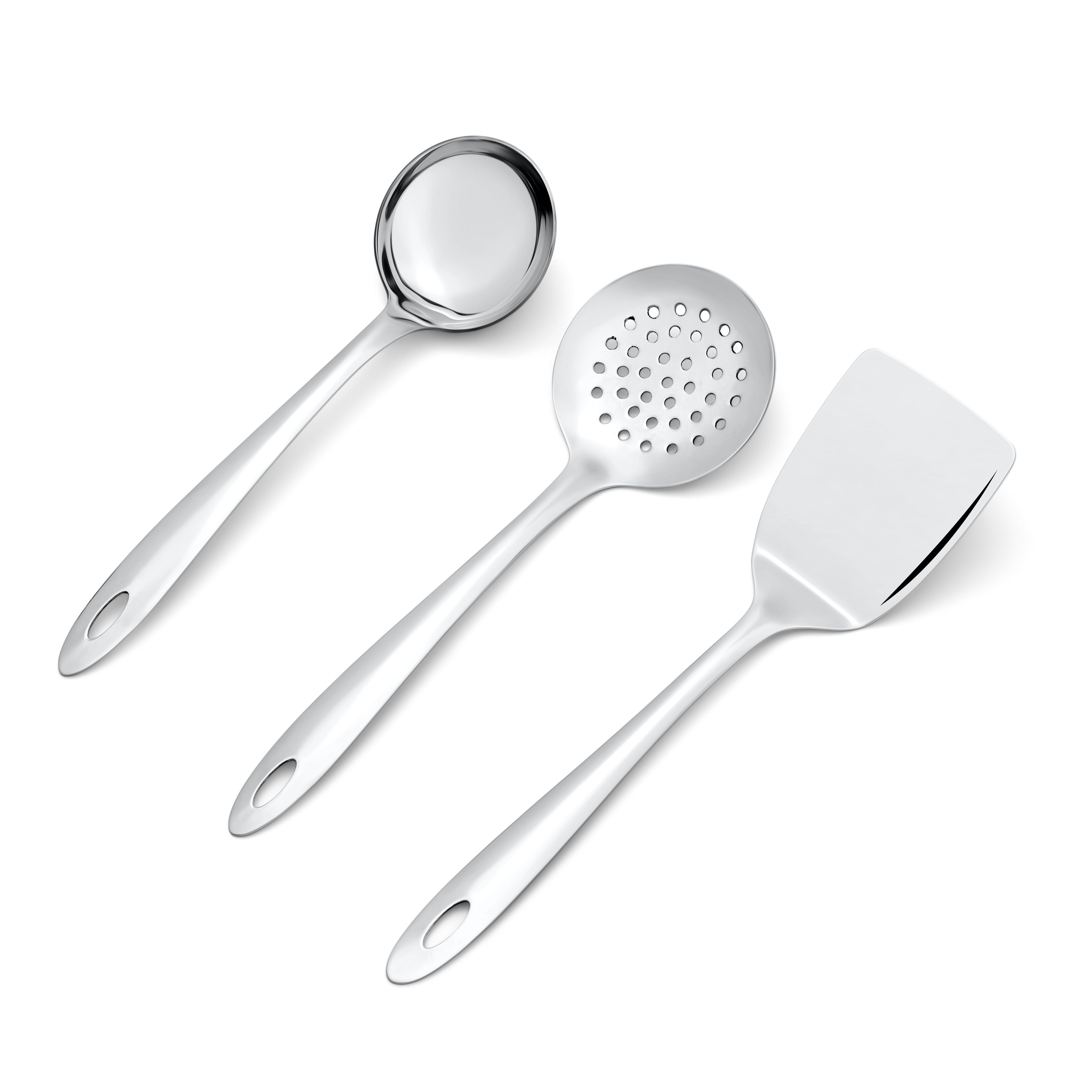 Amazon serving tools including deep ladle, round skimmer, and wide spatula with oval hanging holes