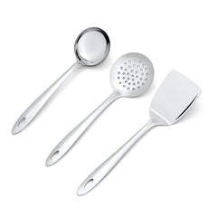 Amazon serving tools including deep ladle, round skimmer, and wide spatula with oval hanging holes