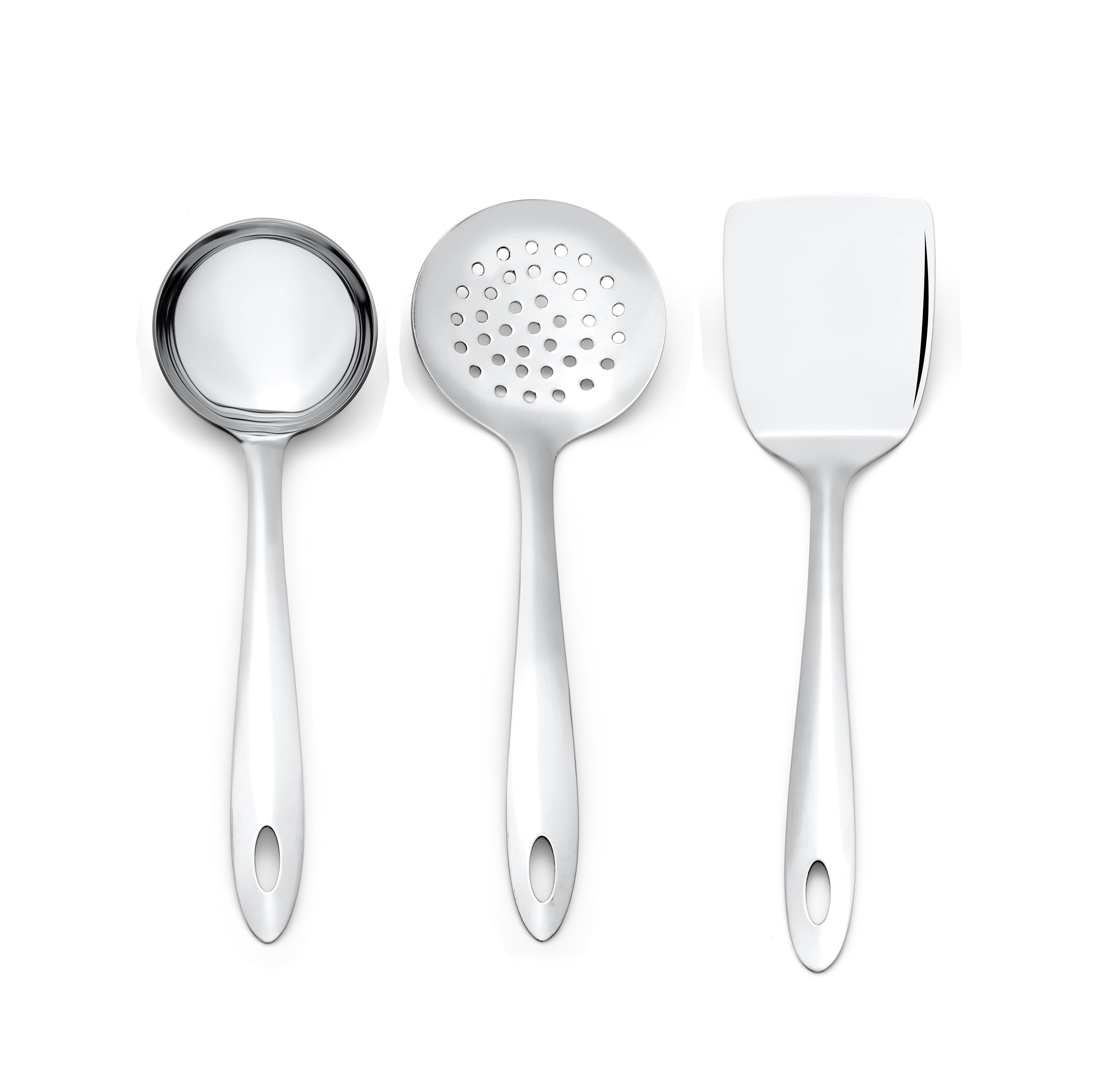 Amazon serving utensil set featuring mirror-finish stainless steel with oval handle design on white background top view