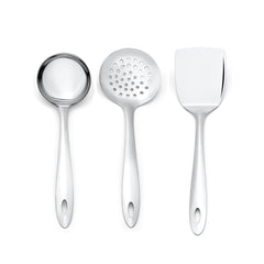 Amazon serving utensil set featuring mirror-finish stainless steel with oval handle design on white background top view