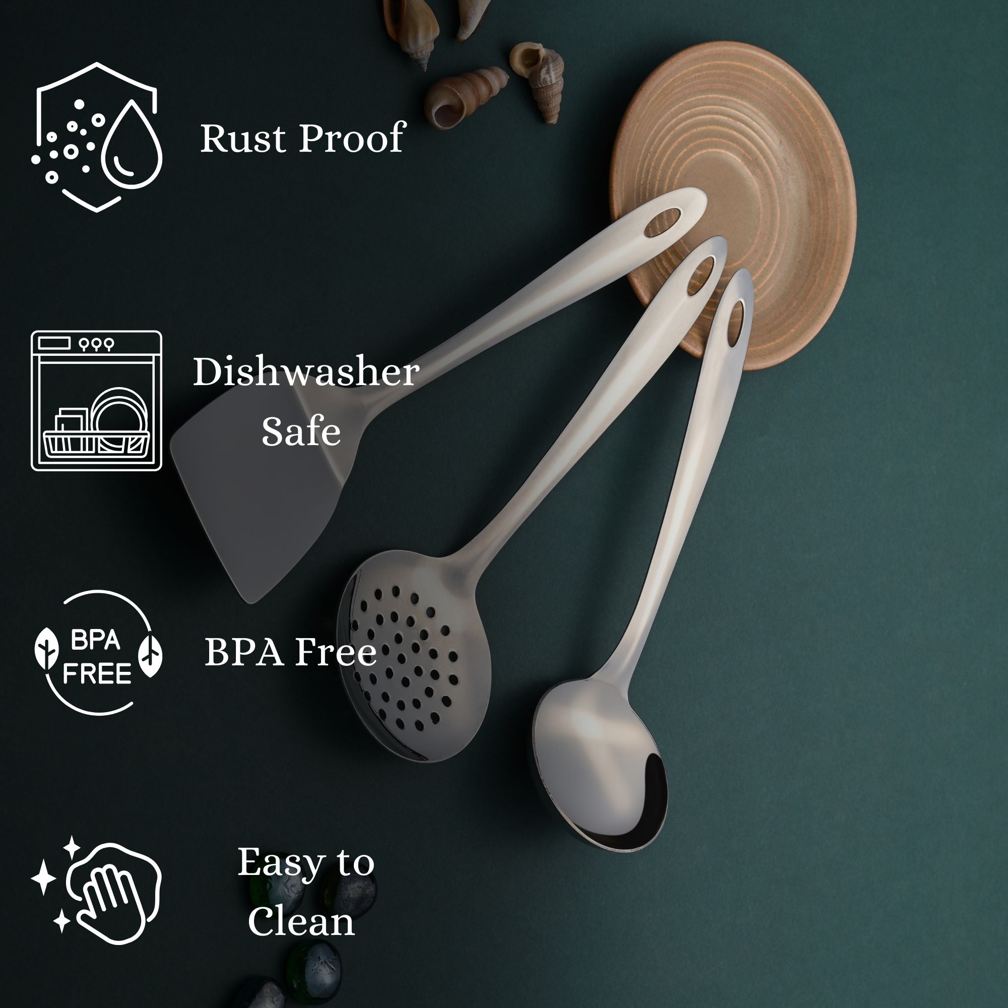Amazon serving utensils features infographic highlighting rust-proof, dishwasher safe, BPA free, and easy to clean properties