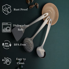 Amazon serving utensils features infographic highlighting rust-proof, dishwasher safe, BPA free, and easy to clean properties