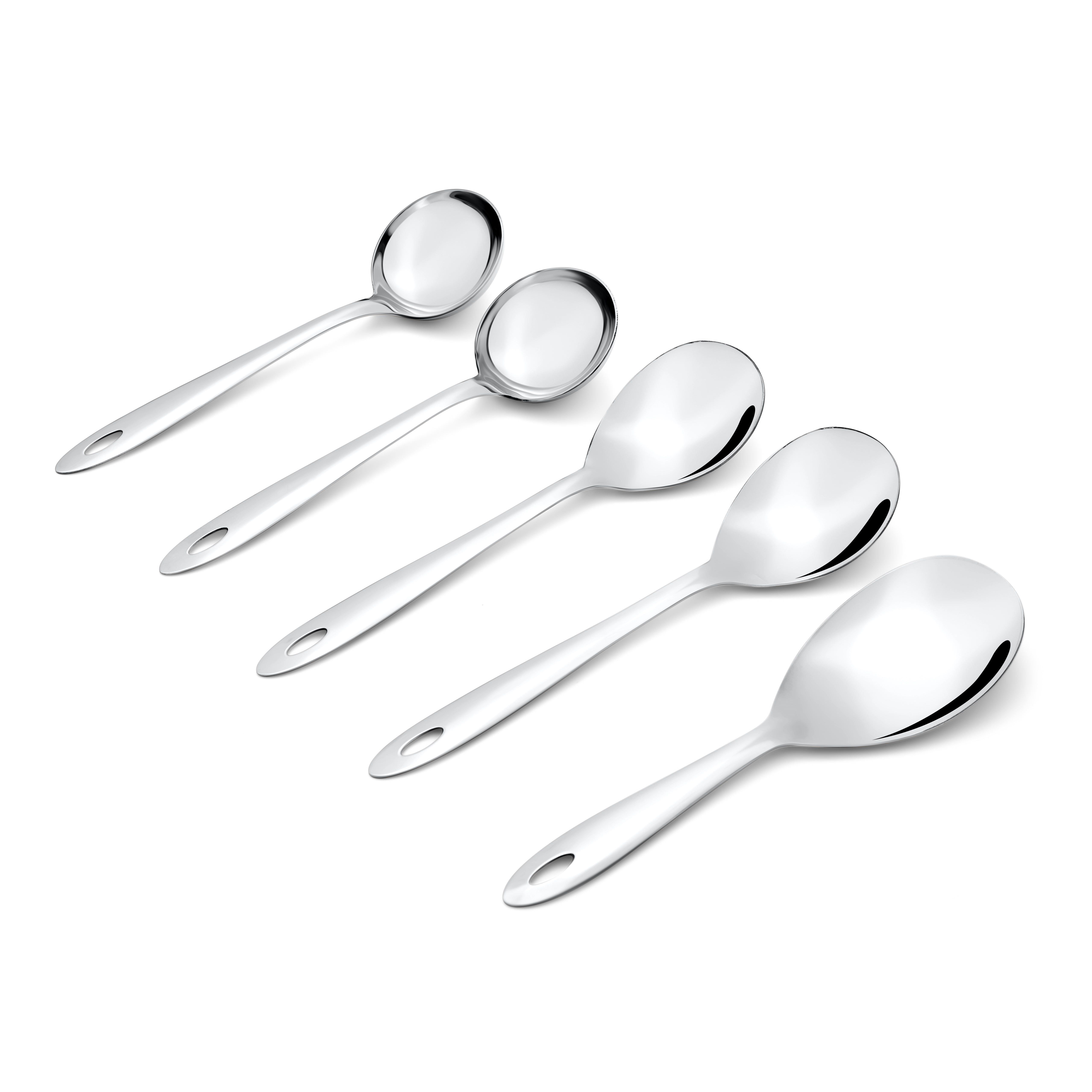 Amazon stainless steel serving spoons arranged on white background at angle, showcasing mirror polish finish and complete 5-piece collection for kitchen serving.