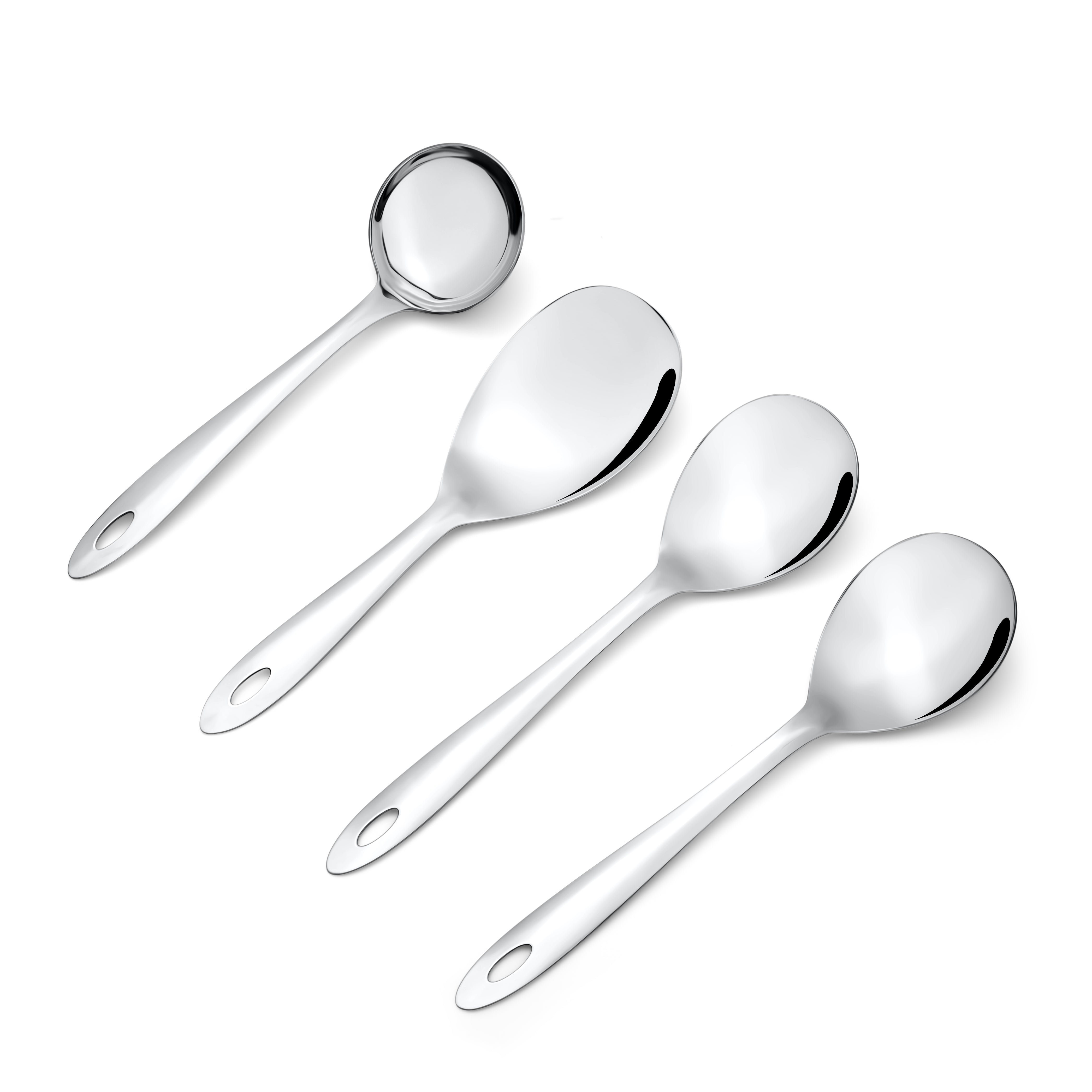 Amazon stainless steel serving spoons arranged diagonally on white background, showcasing mirror polish finish and complete 4-piece collection for kitchen serving.