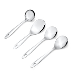 Amazon stainless steel serving spoons arranged diagonally on white background, showcasing mirror polish finish and complete 4-piece collection for kitchen serving.