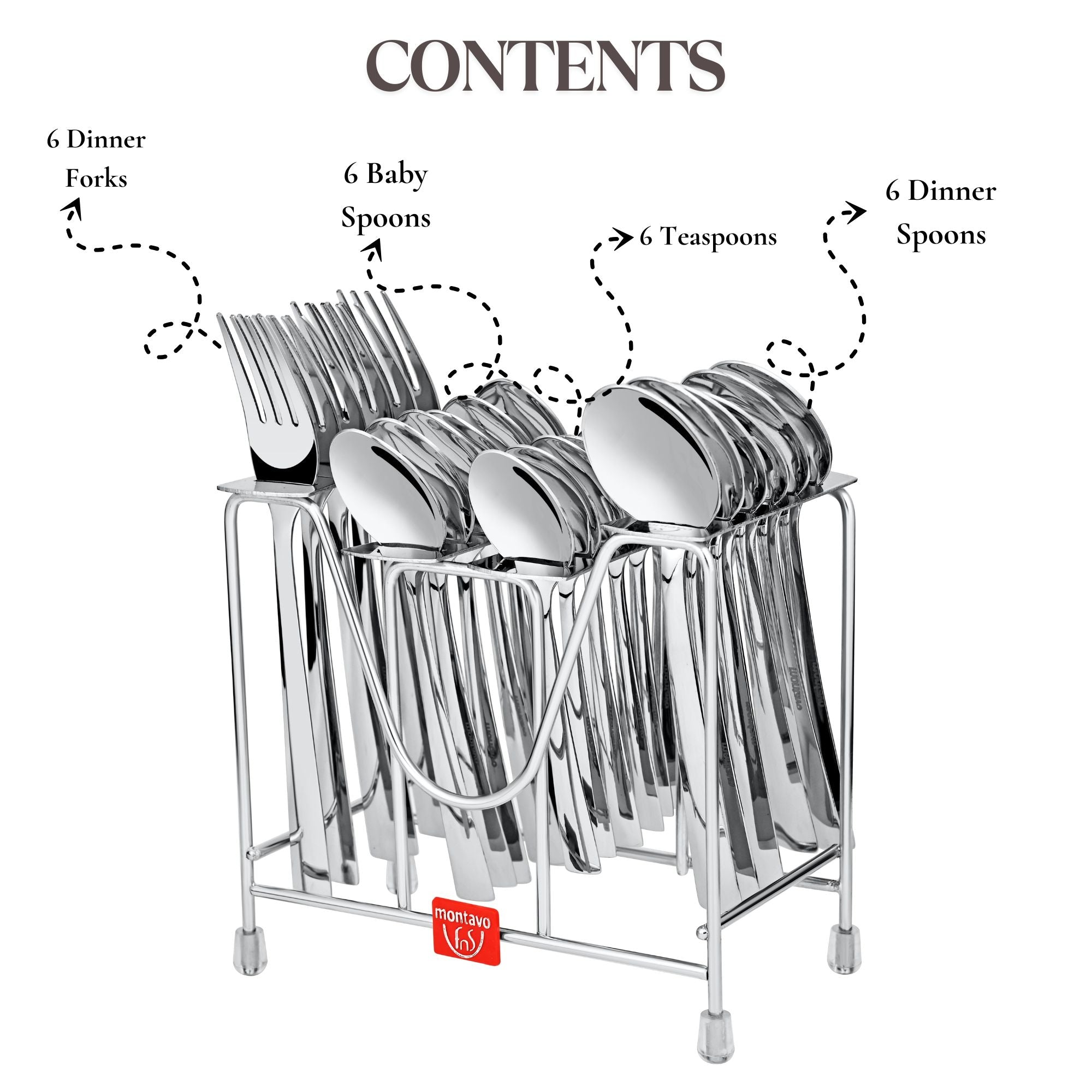 24-piece cutlery set with labeled contents: dinner forks, spoons, teaspoons, and baby spoons.