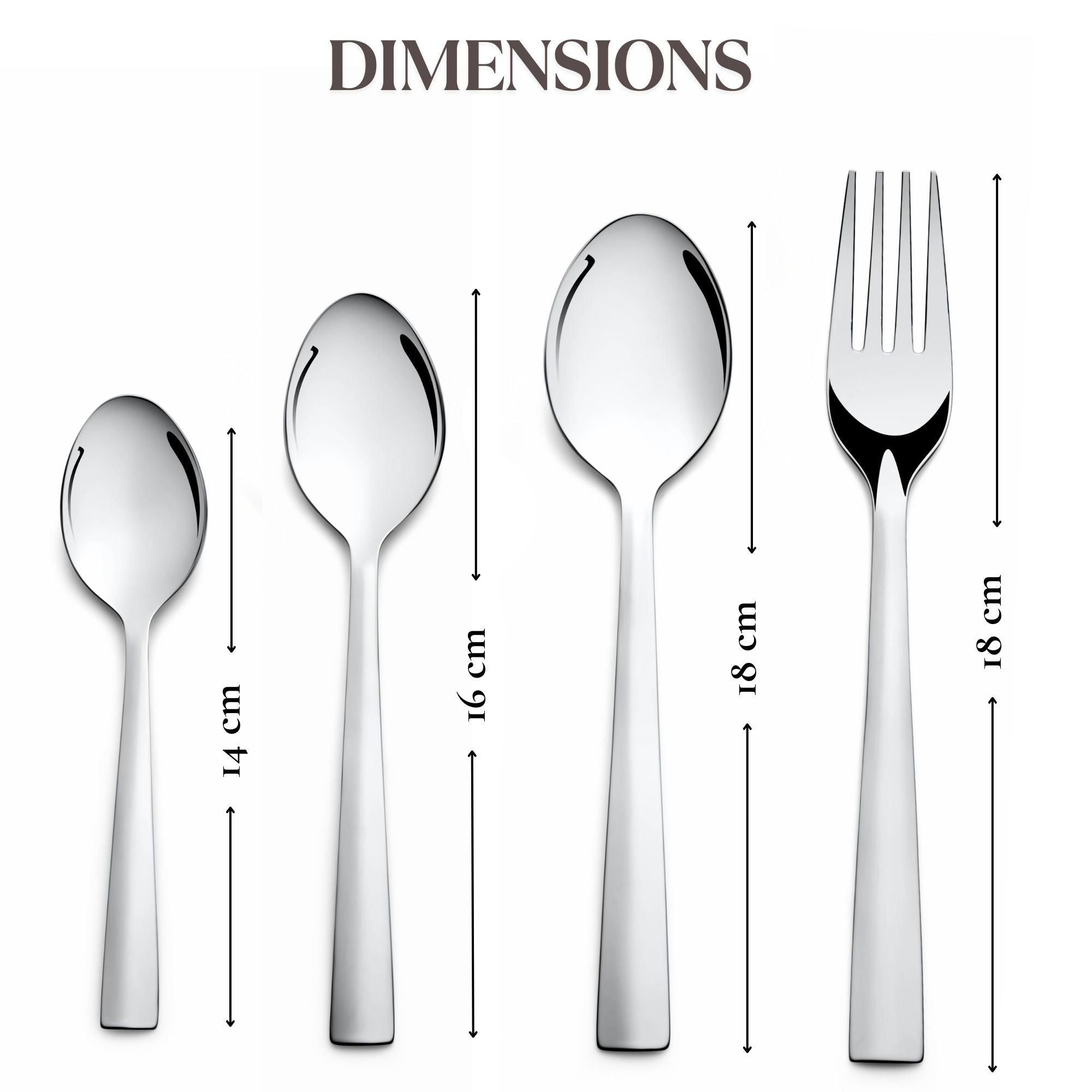 Cutlery set showing dimensions of baby spoon, teaspoon, tablespoon, and fork in centimeters.