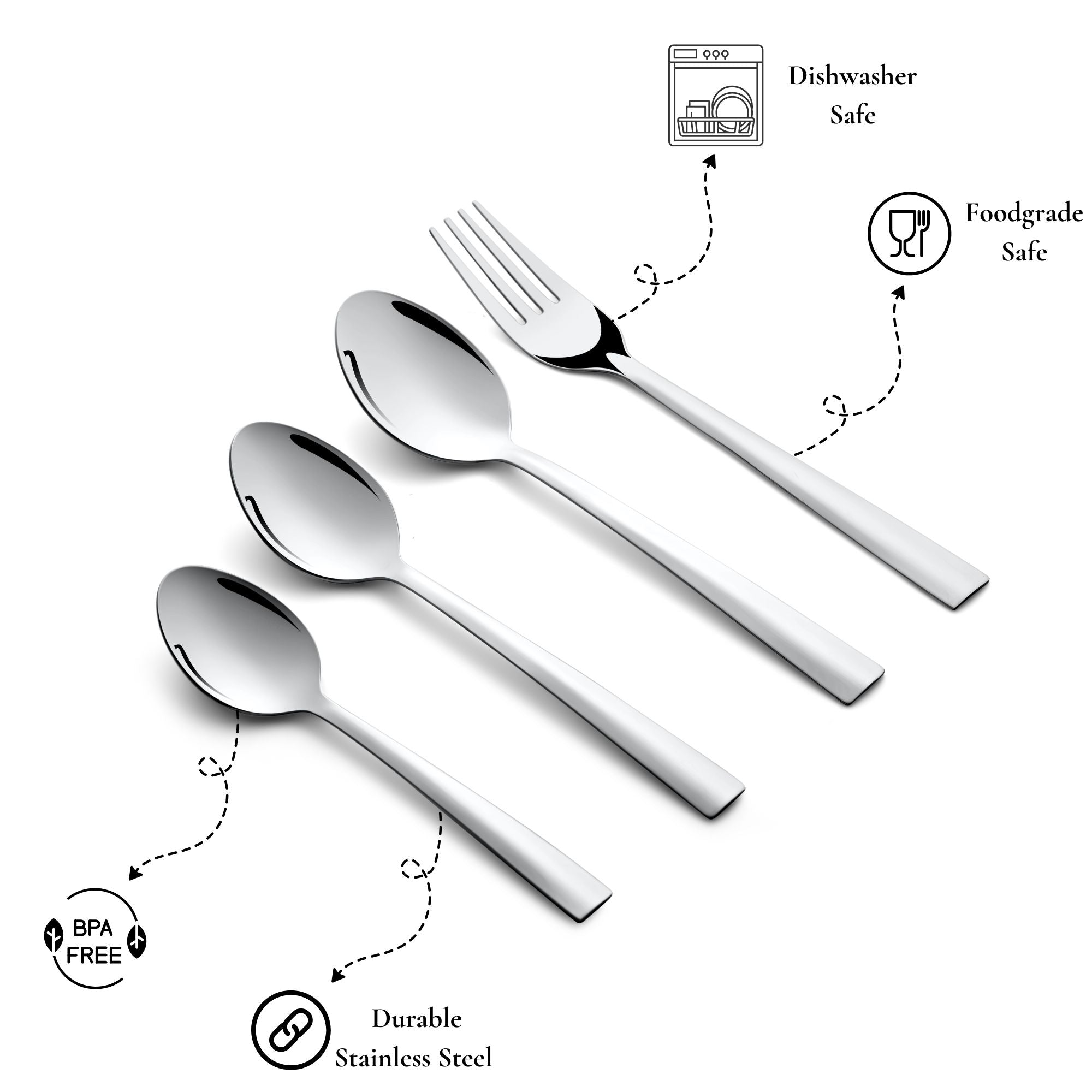 Set of four stainless steel cutlery pieces with dishwasher safe, BPA-free, and food-grade labels.