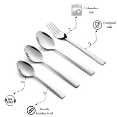 Set of four stainless steel cutlery pieces with dishwasher safe, BPA-free, and food-grade labels.
