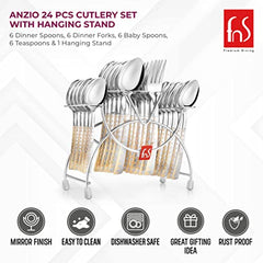 Gold-accented cutlery set with icons showing mirror finish, dishwasher safety, rust resistance, and gifting appeal.