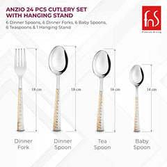 Four cutlery pieces shown with heights labeled: 18 cm fork/spoon, 16 cm teaspoon, 14 cm baby spoon.