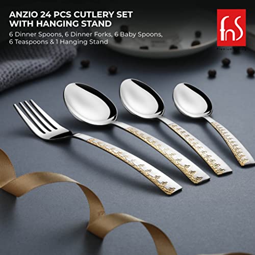 Anzio 24-piece cutlery set with elegant gold-etched handles displayed with ribbon on dark surface.