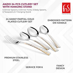 Close-up of four cutlery pieces with gold embossing, highlighting premium stainless steel and fancy design.