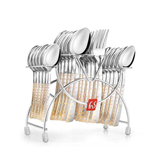 Full 24-piece cutlery set with gold-patterned handles neatly arranged in a silver hanging stand.