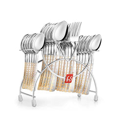 Full 24-piece cutlery set with gold-patterned handles neatly arranged in a silver hanging stand.