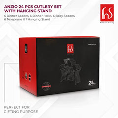 Packaging box of Anzio 24-piece cutlery set with product outline and gifting-purpose label.