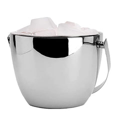 Apple-shaped ice bucket with mirror finish filled with ice cubes and lid open on white background